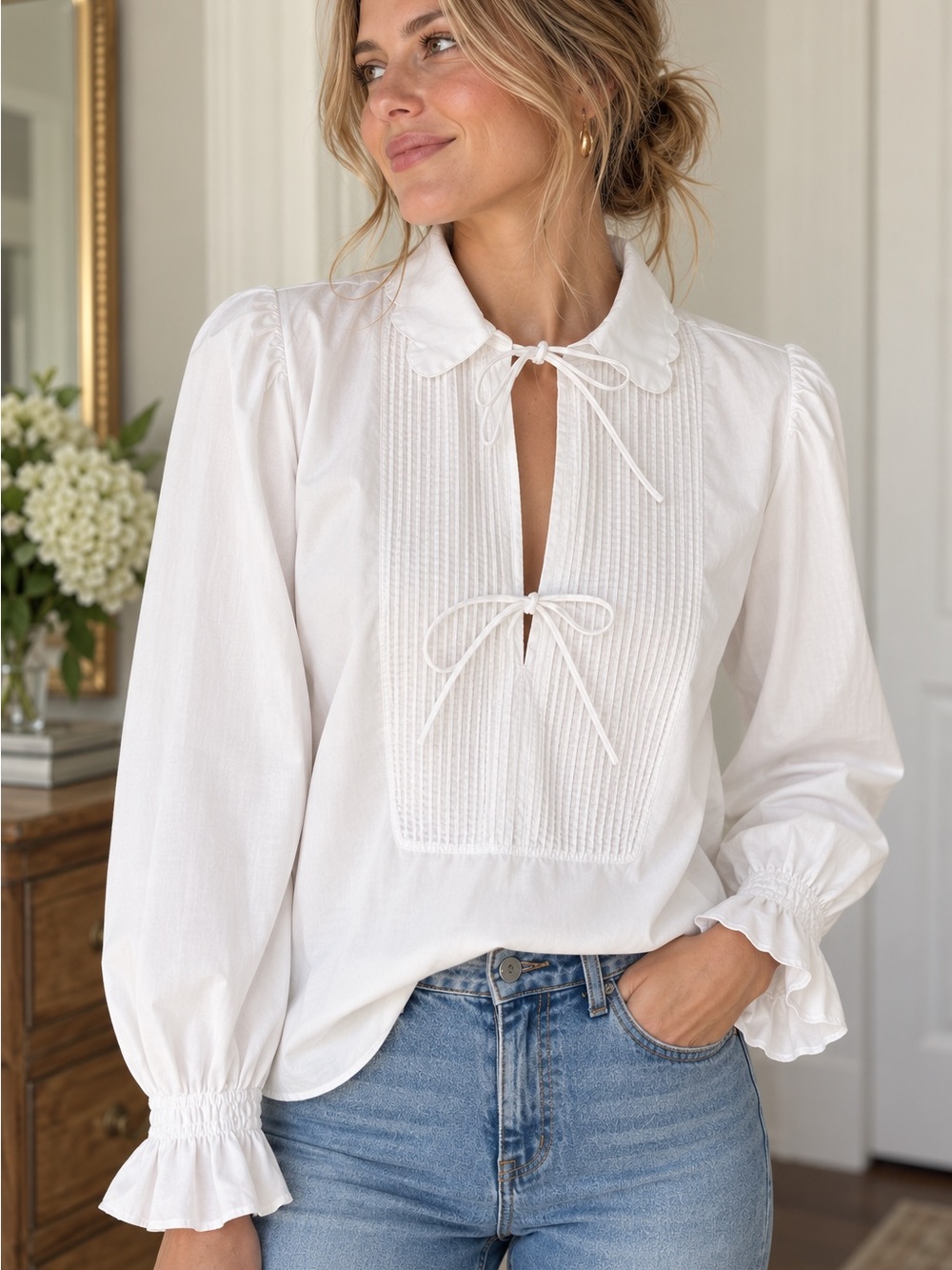 J. Crew White Pintuck Tie-Neck Blouse